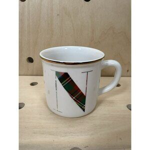 Pottery Barn Stewart Plaid Alphabet Stoneware Mug “N” Monogram Holiday Gold Trim